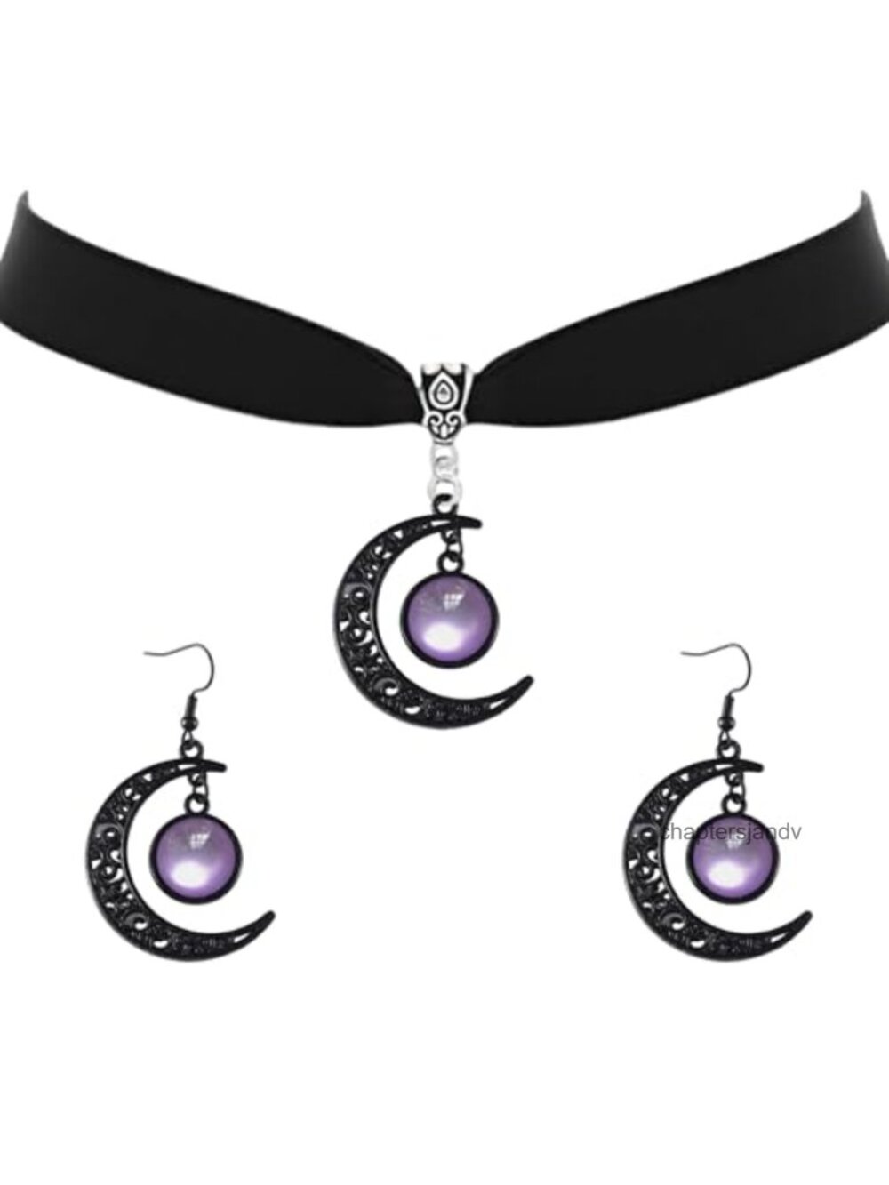 Gothic Velvet Moon Choker Necklace & Zirconia Drop Earrings Set